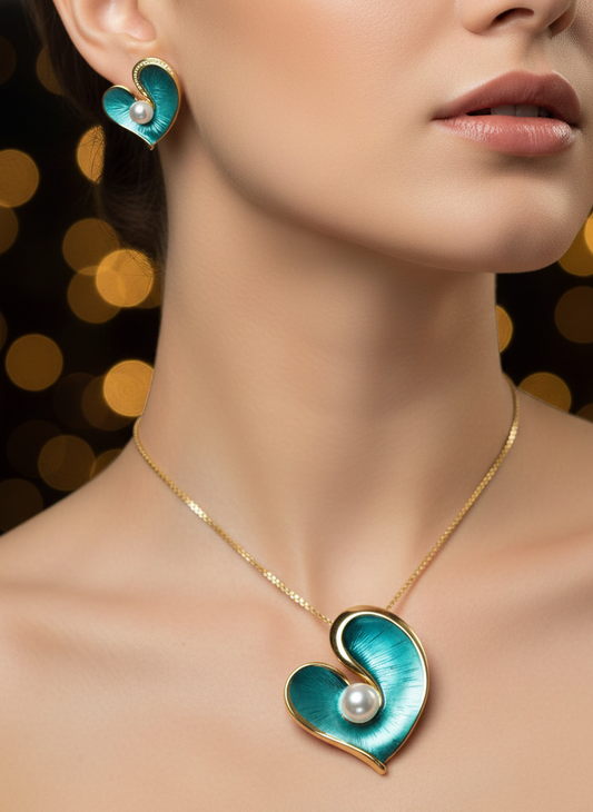 Prexela 'Enamel Heart' Pearl Pendant Set | Gold-Tone Finish