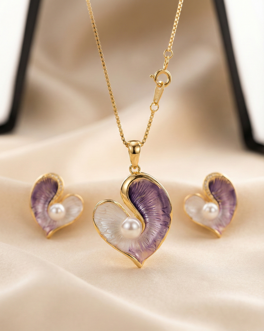 Prexela 'Enamel Heart' Pearl Pendant Set | Gold-Tone Finish