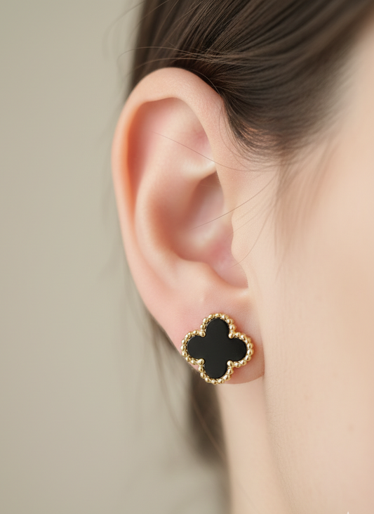 Prexela 'Black Enamel' Clover Stud Earrings | 18k Gold-Tone Finish