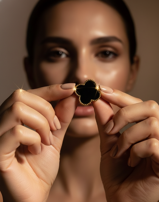 Prexela 'Black Enamel' Clover Stud Earrings | 18k Gold-Tone Finish