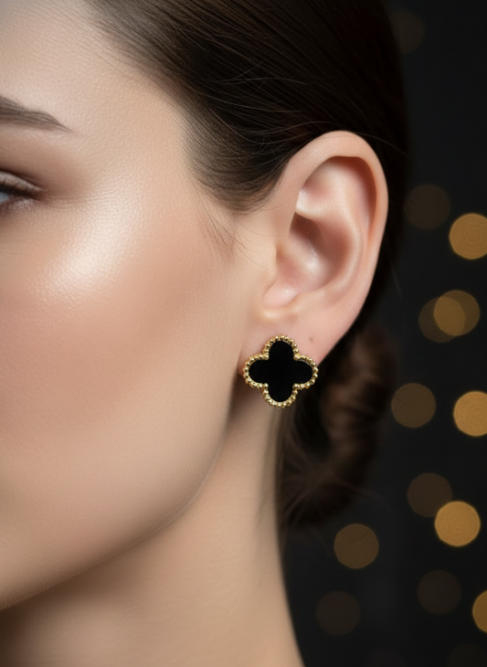 Prexela 'Black Enamel' Clover Stud Earrings | 18k Gold-Tone Finish