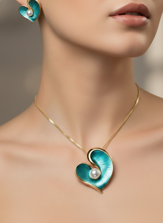 Prexela 'Enamel Heart' Pearl Pendant Set | Gold-Tone Finish
