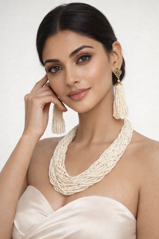 Prexela Maharani Ivory Cascade Pearl Necklace Set | Luxury Multi-Layer Traditional Jewellery for Women