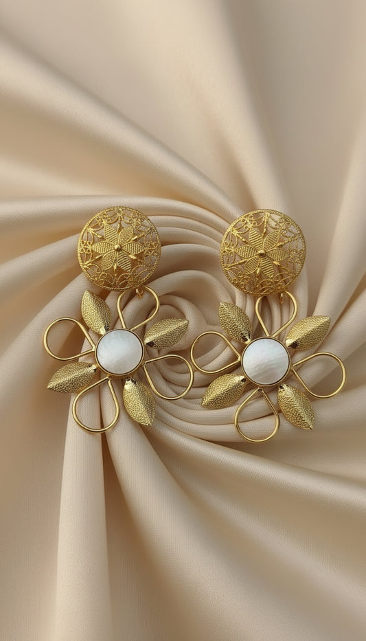 Prexela 'Gold Floral Filigree' & Mother-of-Pearl Statement Earrings