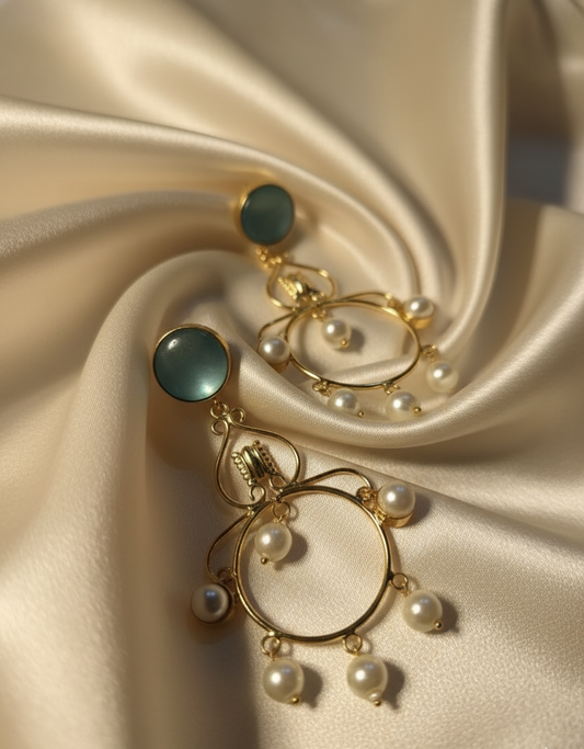 Prexela 'Aqua Stone & Pearl Hoop' Gold Statement Earrings