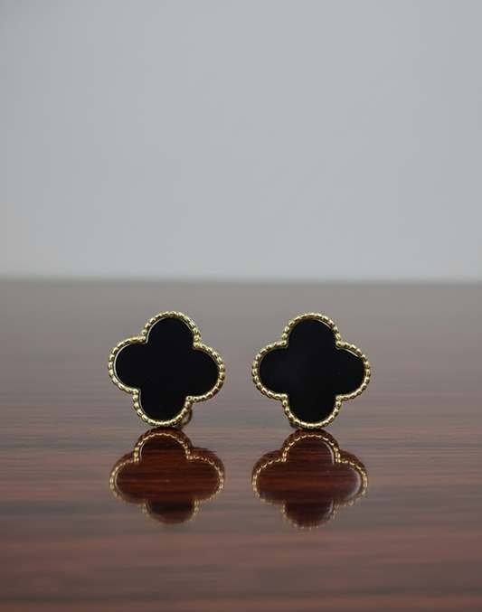 Prexela 'Black Enamel' Clover Stud Earrings | 18k Gold-Tone Finish