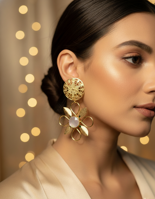 Prexela Emerald Bloom Gold-Plated Earrings | Luxury Statement Floral Jewellery for Women