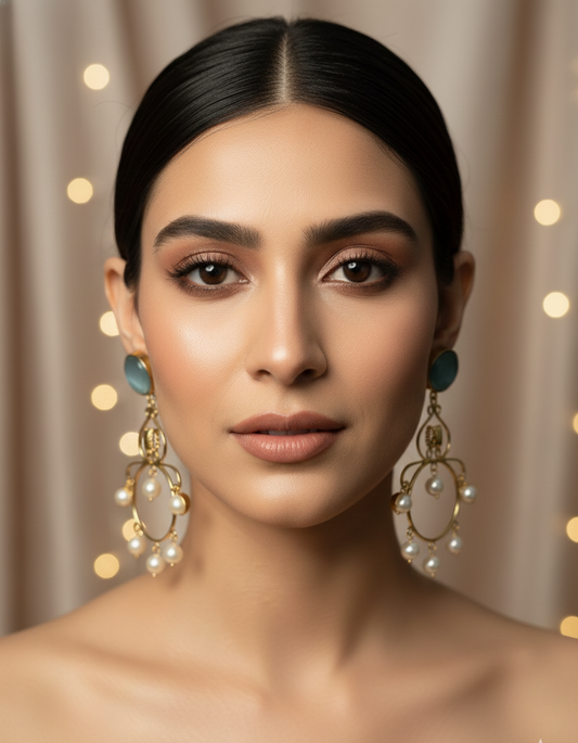 Prexela 'Aqua Stone & Pearl Hoop' Gold Statement Earrings