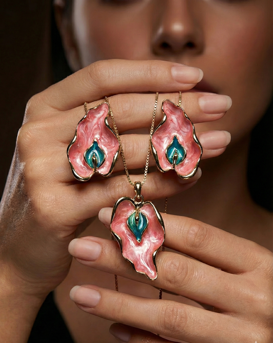 Prexela 'Pink Enamel Leaf' Pendant Set | Gold-Tone Finish