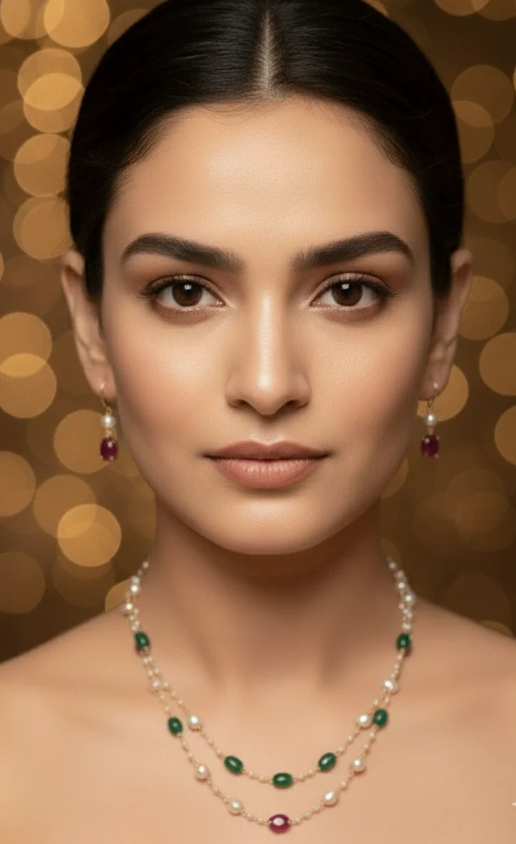 Royal Emerald & Ruby Pearl Necklace Set | Luxurious Traditional Gold-tone Plated Jewellery
