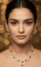 Royal Emerald & Ruby Pearl Necklace Set | Luxurious Traditional Gold-tone Plated Jewellery