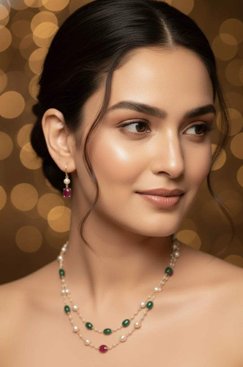 Royal Emerald & Ruby Pearl Necklace Set | Luxurious Traditional Gold-tone Plated Jewellery