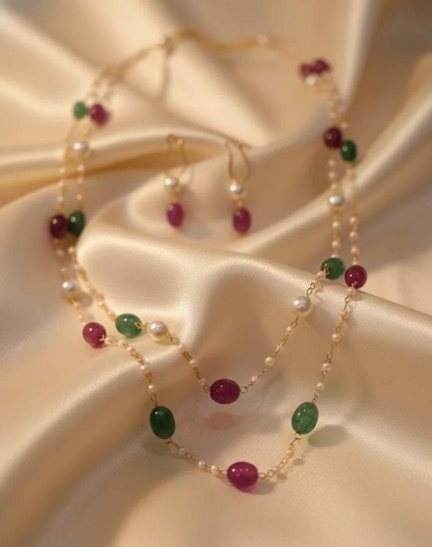 Royal Emerald & Ruby Pearl Necklace Set | Luxurious Traditional Gold-tone Plated Jewellery