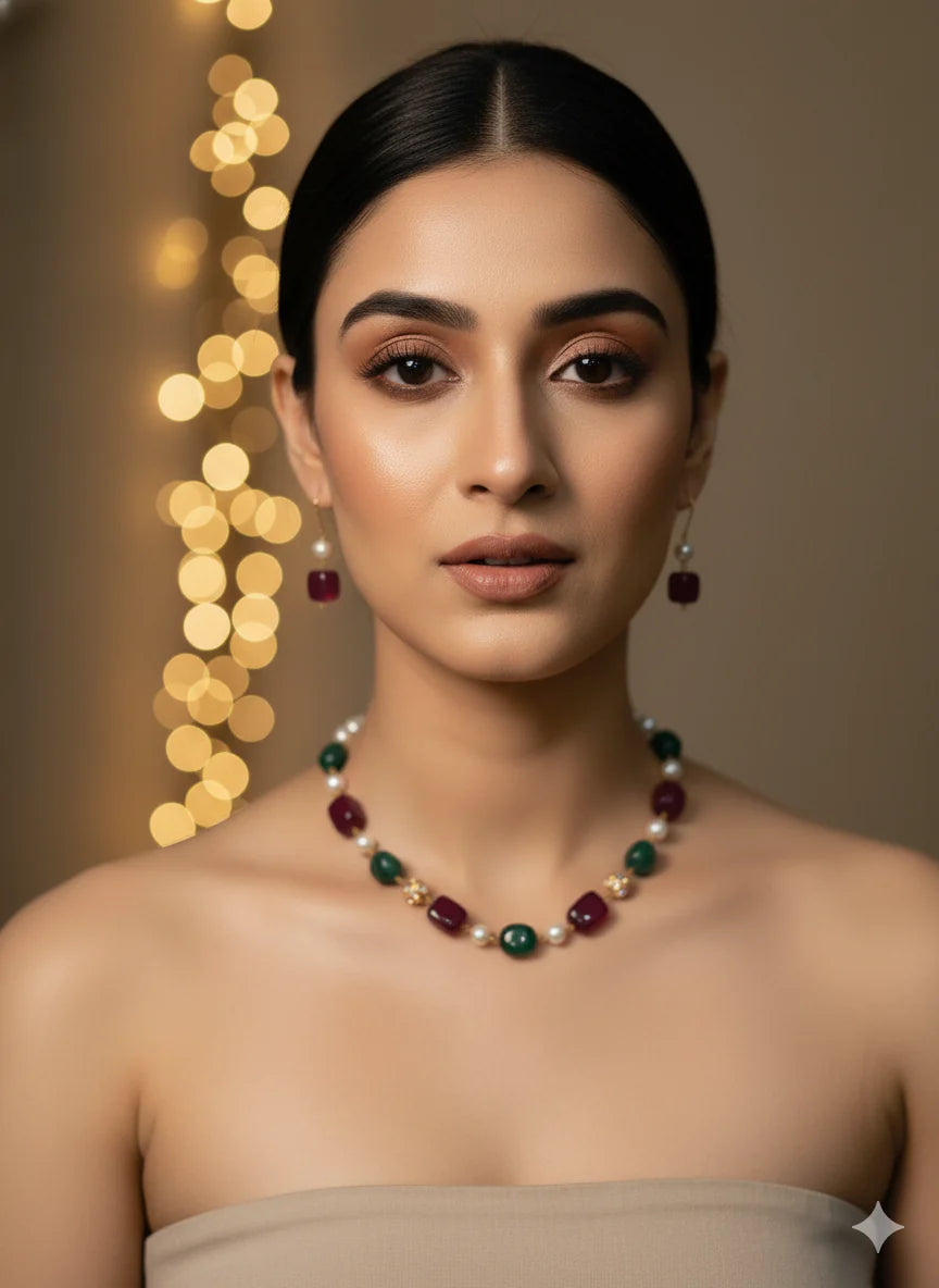 Regal Harmony Ruby & Emerald Pearl Necklace Set