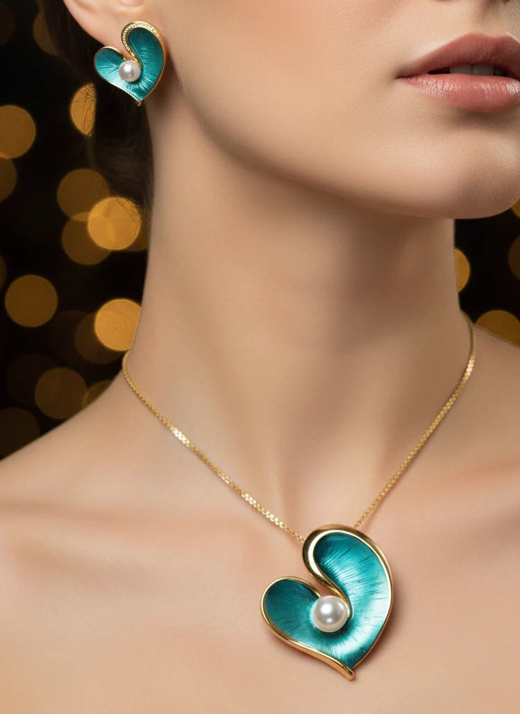 Enamel Heart Pearl Pendant Set | Gold-Tone Finish