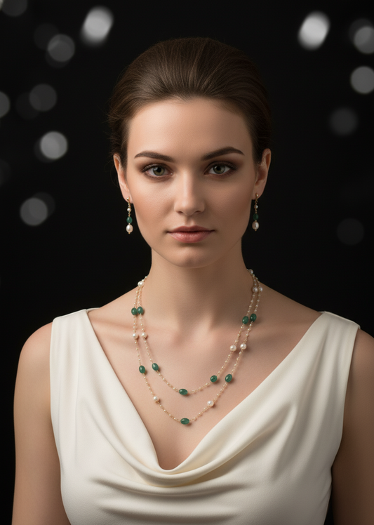 Prexela Emerald Whisper Pearl & Green Bead Layered Necklace Set | Luxury Gold-Plated Jewellery for Women