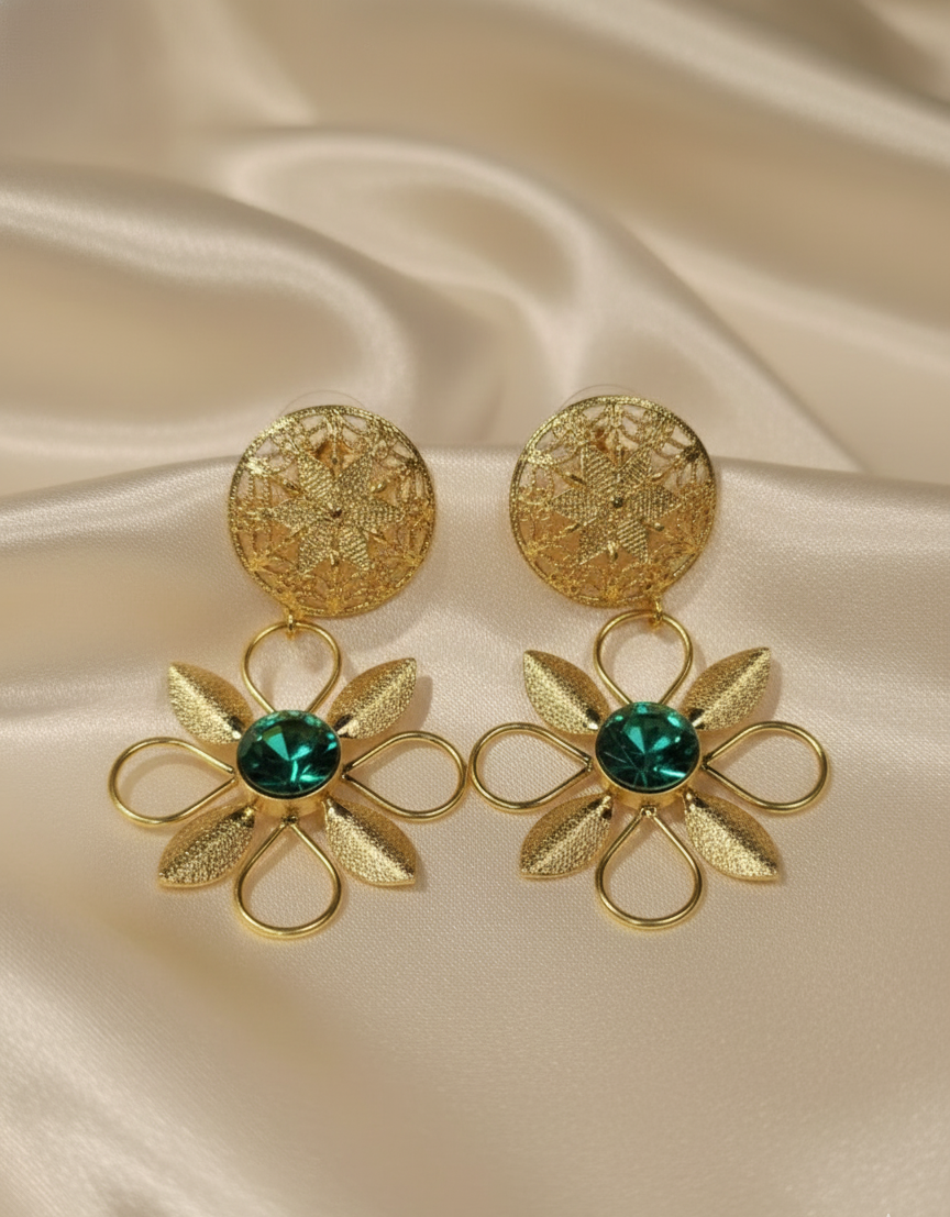 Prexela Emerald Bloom Gold-Plated Earrings | Luxury Statement Floral Jewellery for Women