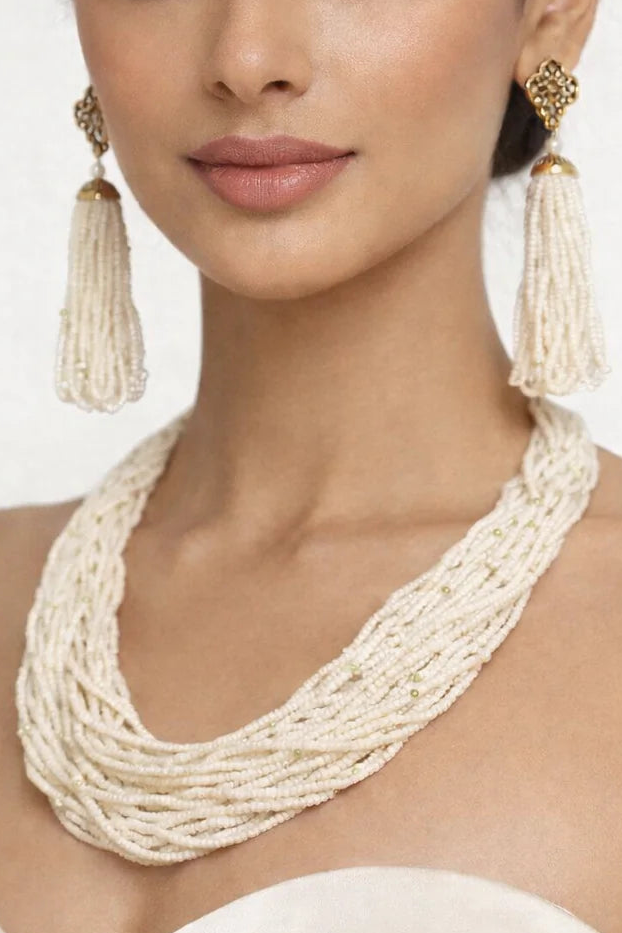 Maharani Ivory Cascade Pearl Necklace Set | Luxury Multi-Layer Traditional Jewellery
