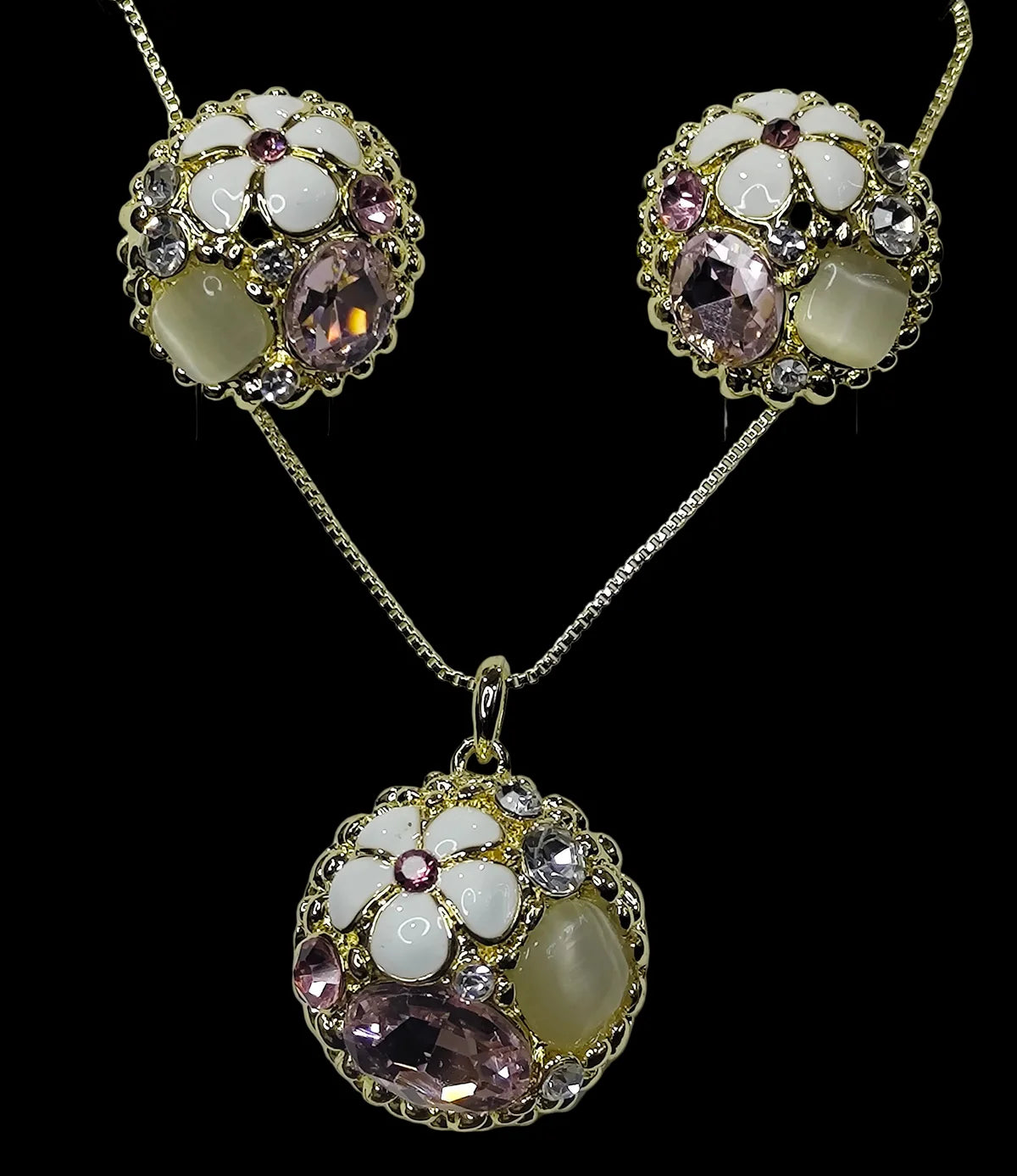 Floral Crystal Pendant Set | Gold-Tone Finish