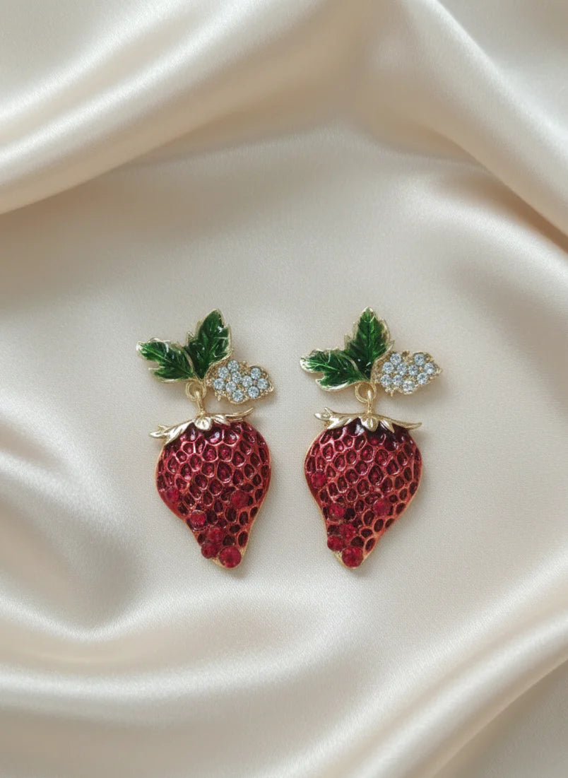 Scarlet Strawberry Earrings | Gold-Tone Playful Statement Jewellery