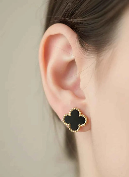 Black Enamel Clover Stud Earrings | 18K Gold-Tone Luxury Jewellery