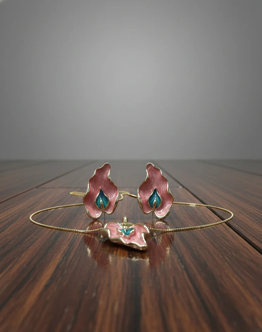 Pink Enamel Leaf Pendant Set | Gold-Tone Finish