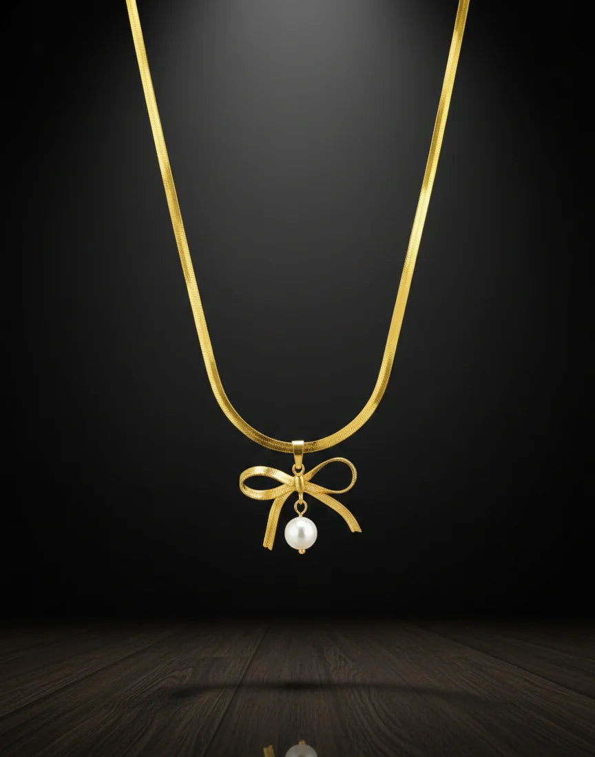 Golden Bow Pearl Necklace | A Gentle Knot of Timeless Elegance