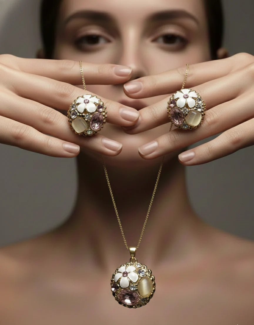 Floral Crystal Pendant Set | Gold-Tone Finish