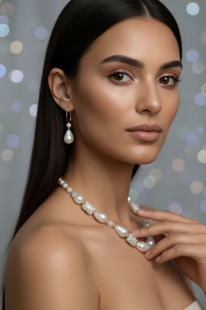 Prexela Luxe Pearl & Crystal Choker Necklace Set | Elegant Bridal & Party Wear Jewellery
