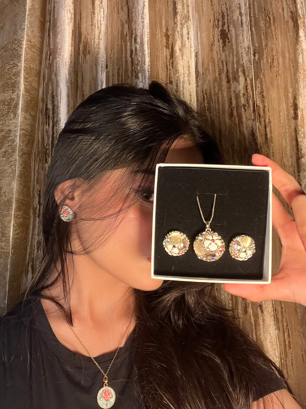 Floral Crystal Pendant Set | Gold-Tone Finish