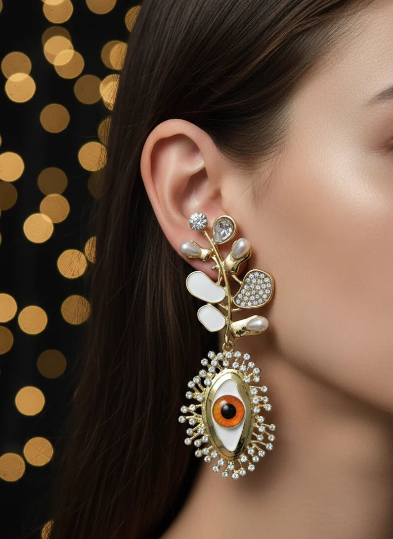 Evil Eye Leaf Drop Earrings | Gold-Plated Protective Statement Jewellery