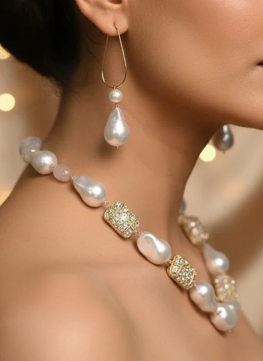 Prexela Luxe Pearl & Crystal Choker Necklace Set | Elegant Bridal & Party Wear Jewellery