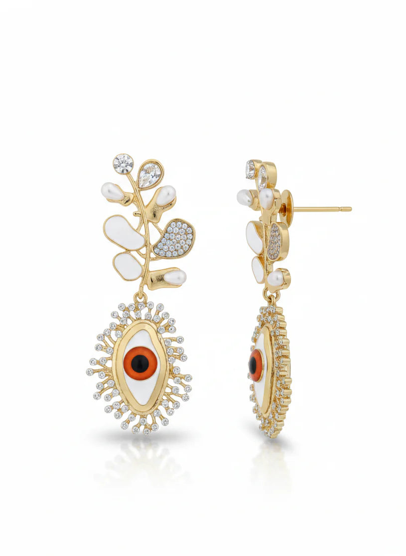 Evil Eye Leaf Drop Earrings | Gold-Plated Protective Statement Jewellery