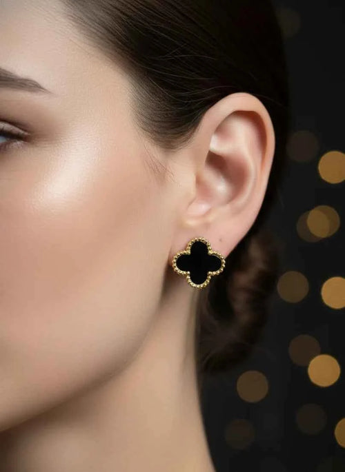 Black Enamel Clover Stud Earrings | 18K Gold-Tone Luxury Jewellery