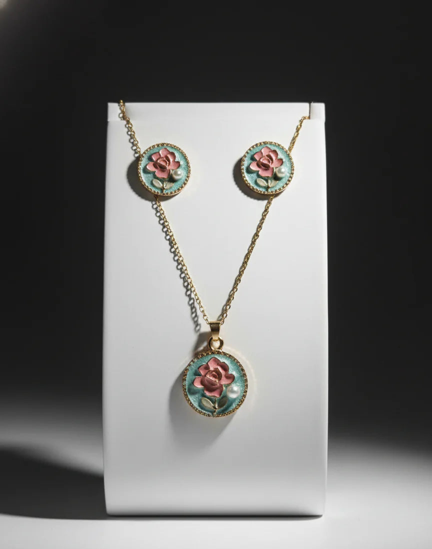 Hand-Painted Floral Jewellery Set | Necklace & Earrings in Golden Bloom