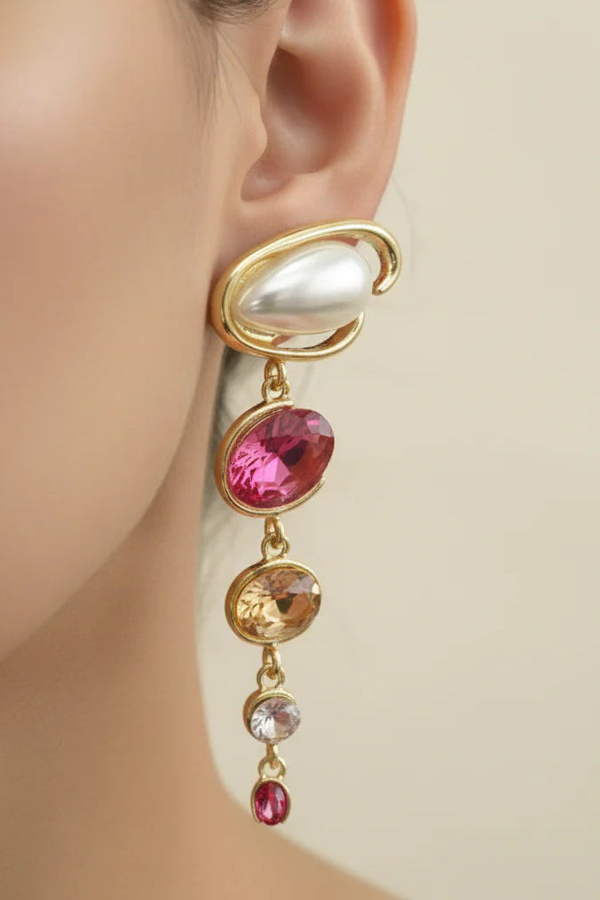 Pearl & Ruby Cascade Earrings | Gold-Tone Statement Jewellery