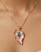 Pink Enamel Leaf Pendant Set | Gold-Tone Finish