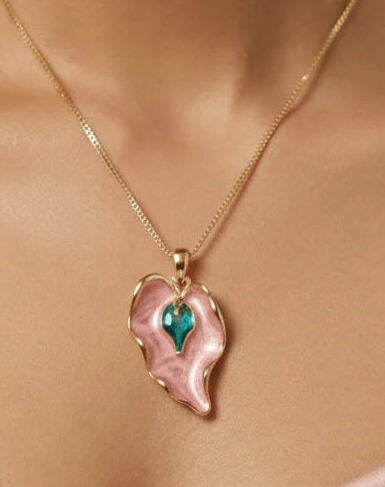 Pink Enamel Leaf Pendant Set | Gold-Tone Finish