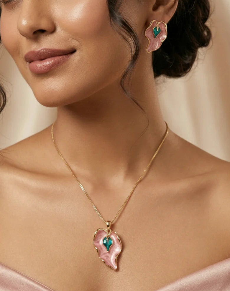 Pink Enamel Leaf Pendant Set | Gold-Tone Finish
