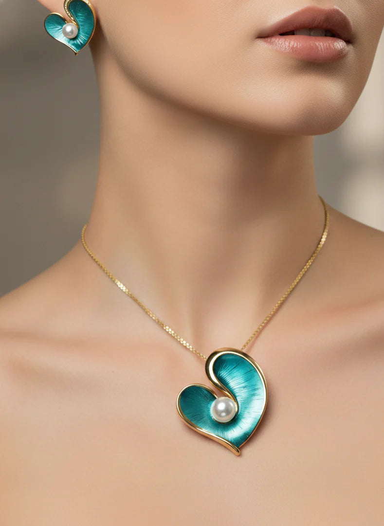 Enamel Heart Pearl Pendant Set | Gold-Tone Finish