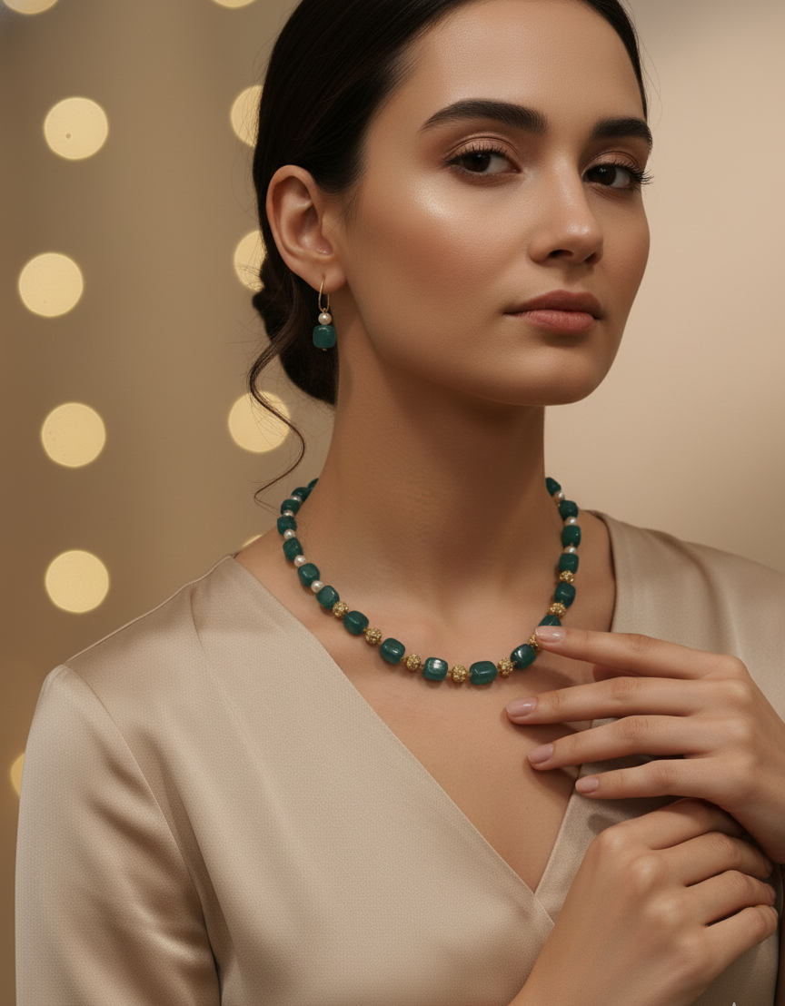 Prexela Emerald Royale Necklace Set | Luxury Green Beaded & Gold-Plated Traditional Jewellery for Women