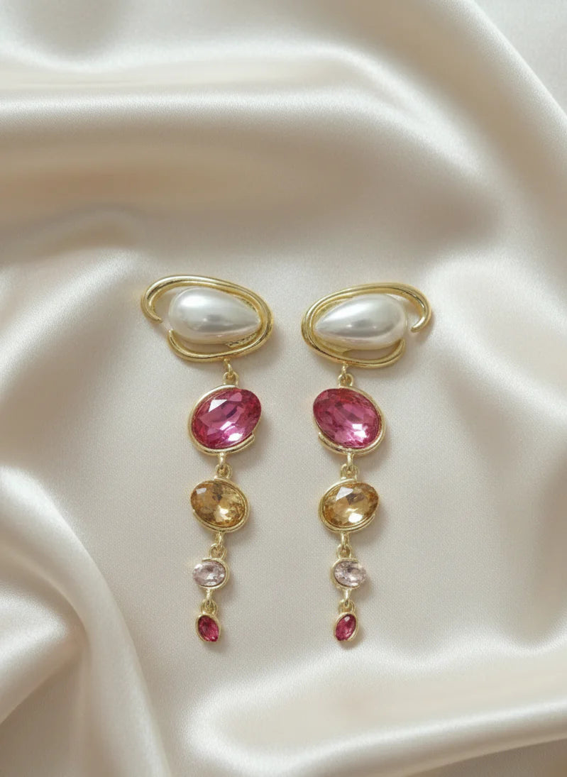 Pearl & Ruby Cascade Earrings | Gold-Tone Statement Jewellery