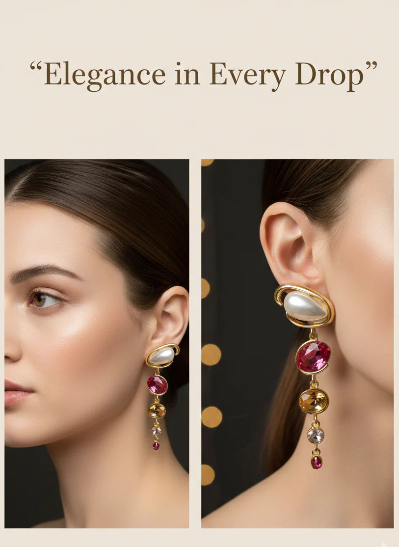Pearl & Ruby Cascade Earrings | Gold-Tone Statement Jewellery