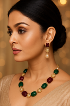 Prexela Regal Harmony Ruby & Emerald Pearl Necklace Set | Luxury Gold-Plated Traditional Jewellery for Women