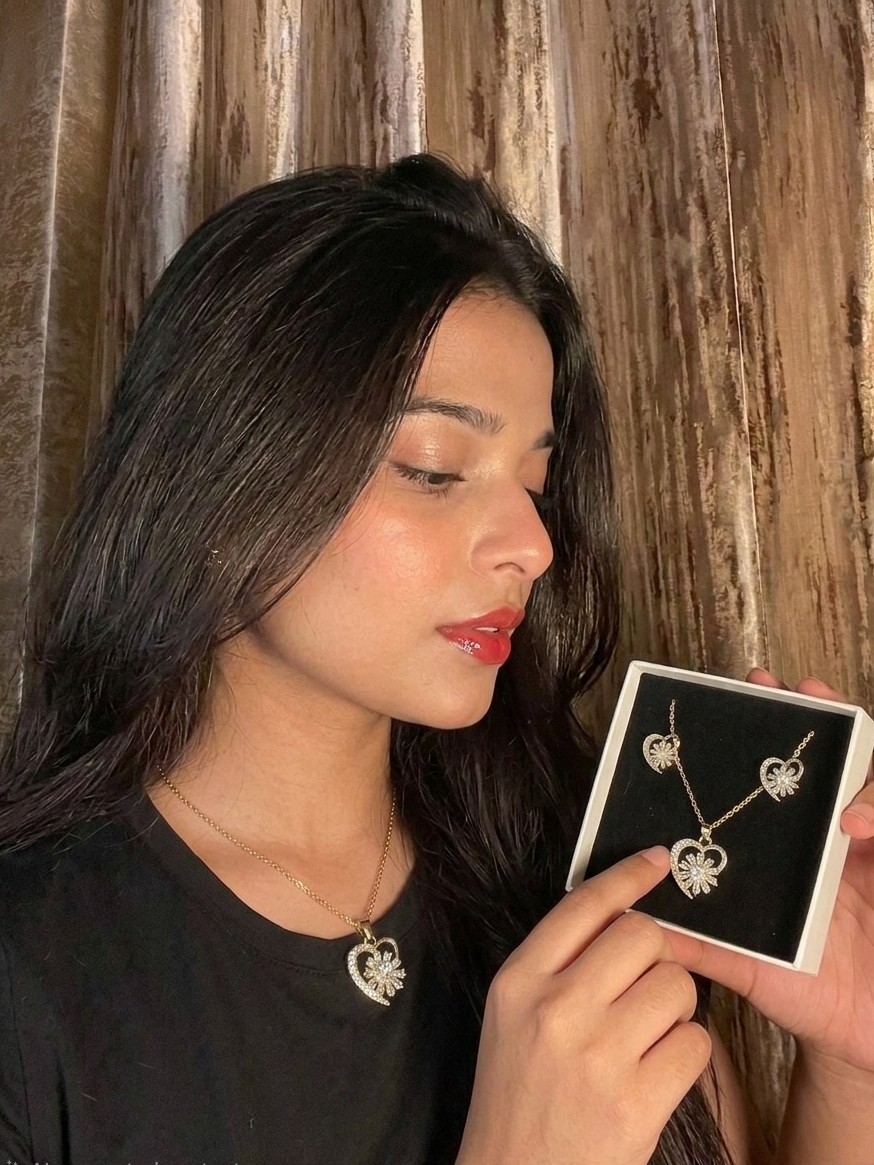 Eternal Heart Radiance Jewellery Set | Necklace & Earrings in Gold-Tone Finish