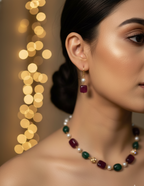 Prexela Regal Harmony Ruby & Emerald Pearl Necklace Set | Luxury Gold-Plated Traditional Jewellery for Women