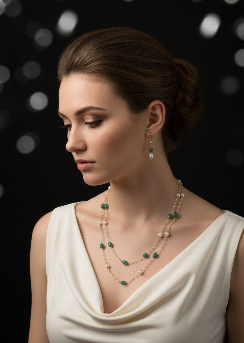 Prexela Emerald Whisper Pearl & Green Bead Layered Necklace Set | Luxury Gold-Plated Jewellery for Women