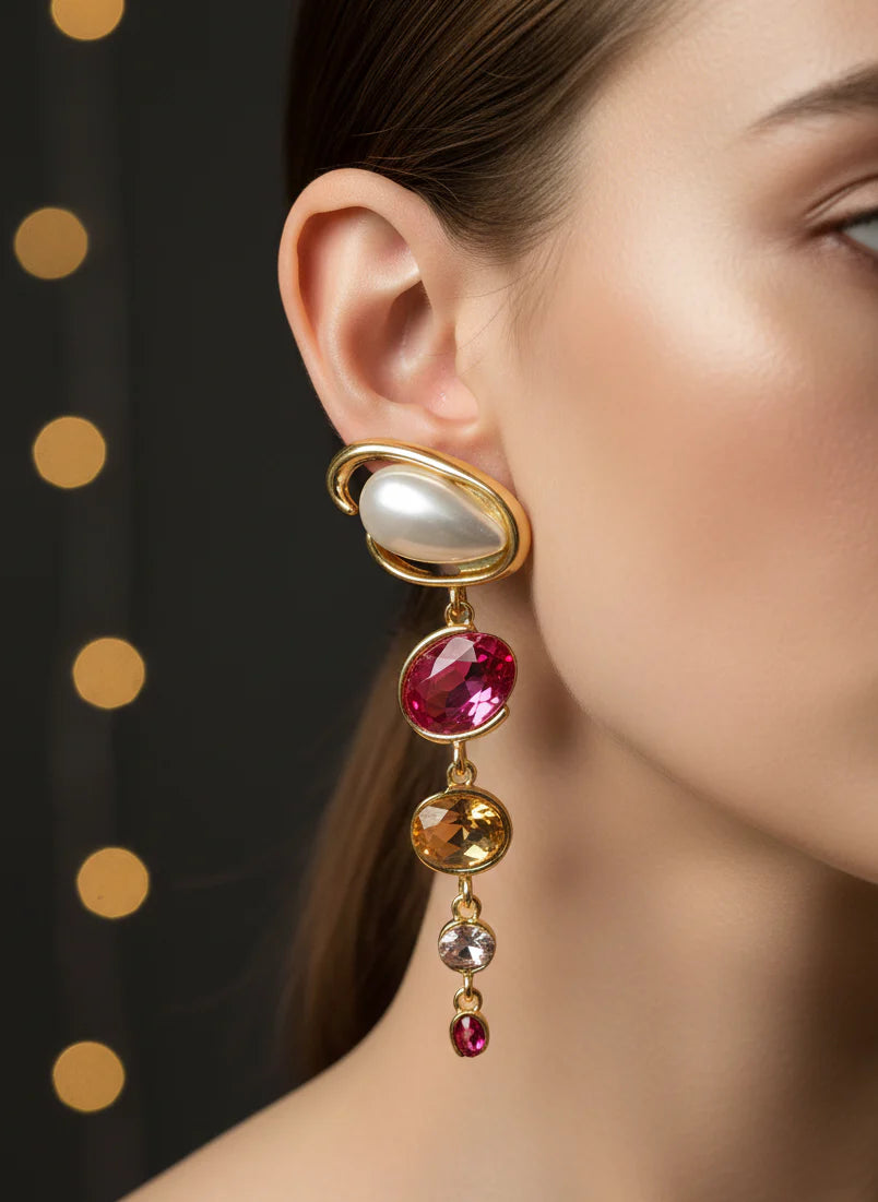 Pearl & Ruby Cascade Earrings | Gold-Tone Statement Jewellery