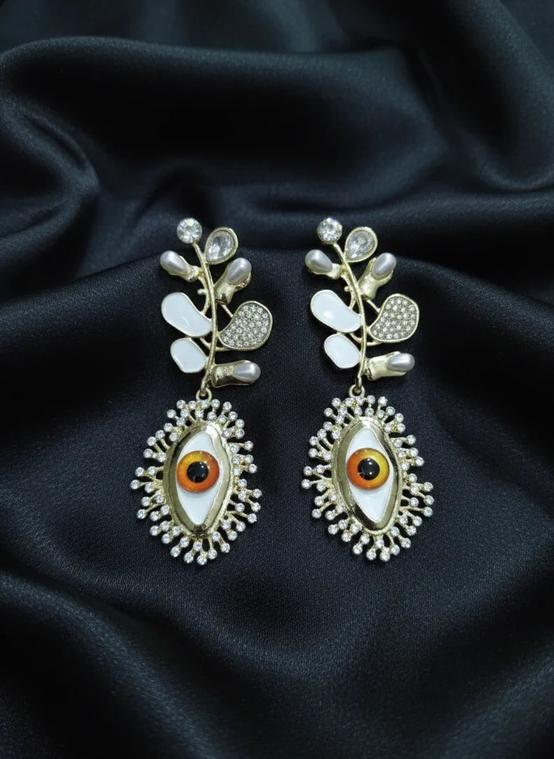 Evil Eye Leaf Drop Earrings | Gold-Plated Protective Statement Jewellery