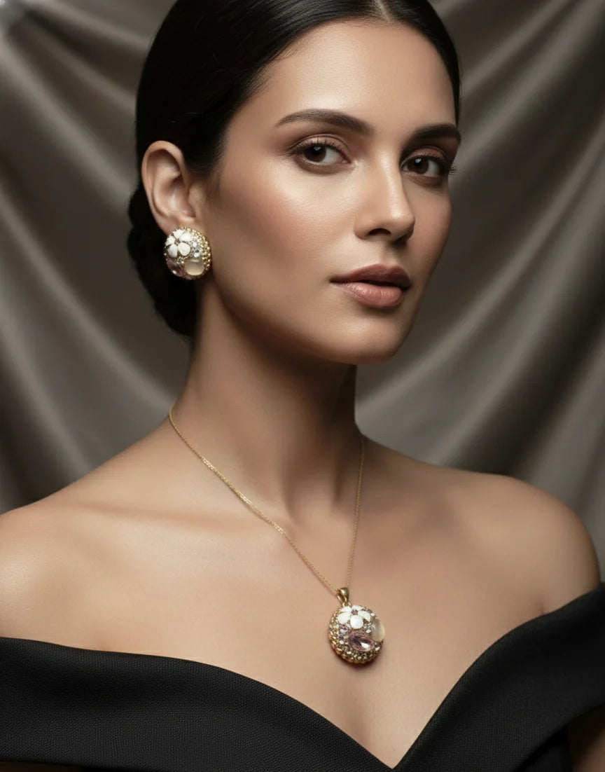 Floral Crystal Pendant Set | Gold-Tone Finish